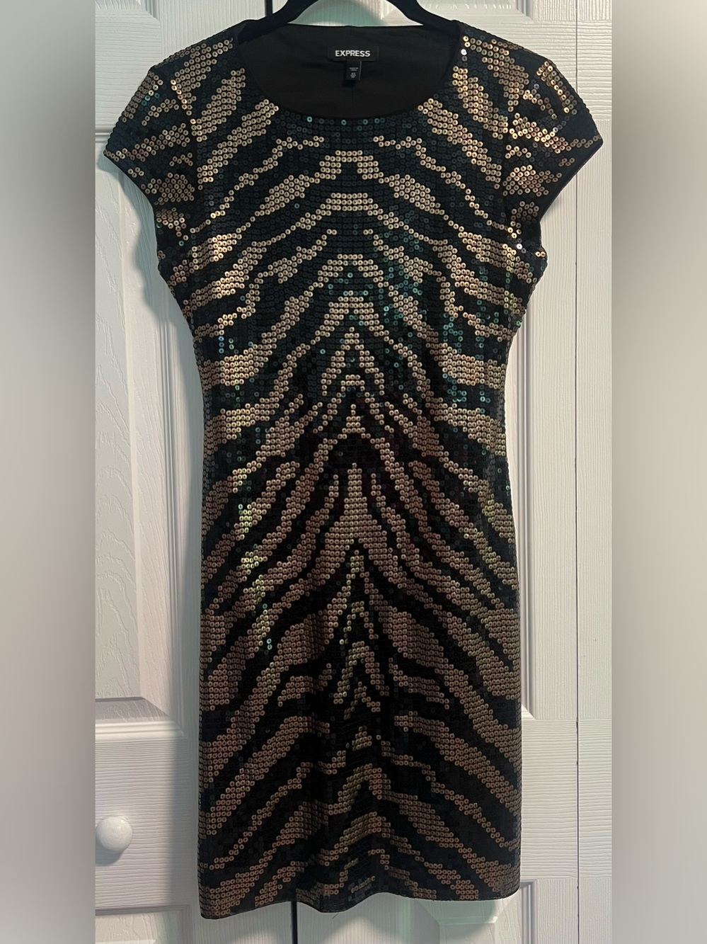 Express Black and Gold Sequin Zebra Mini Dress